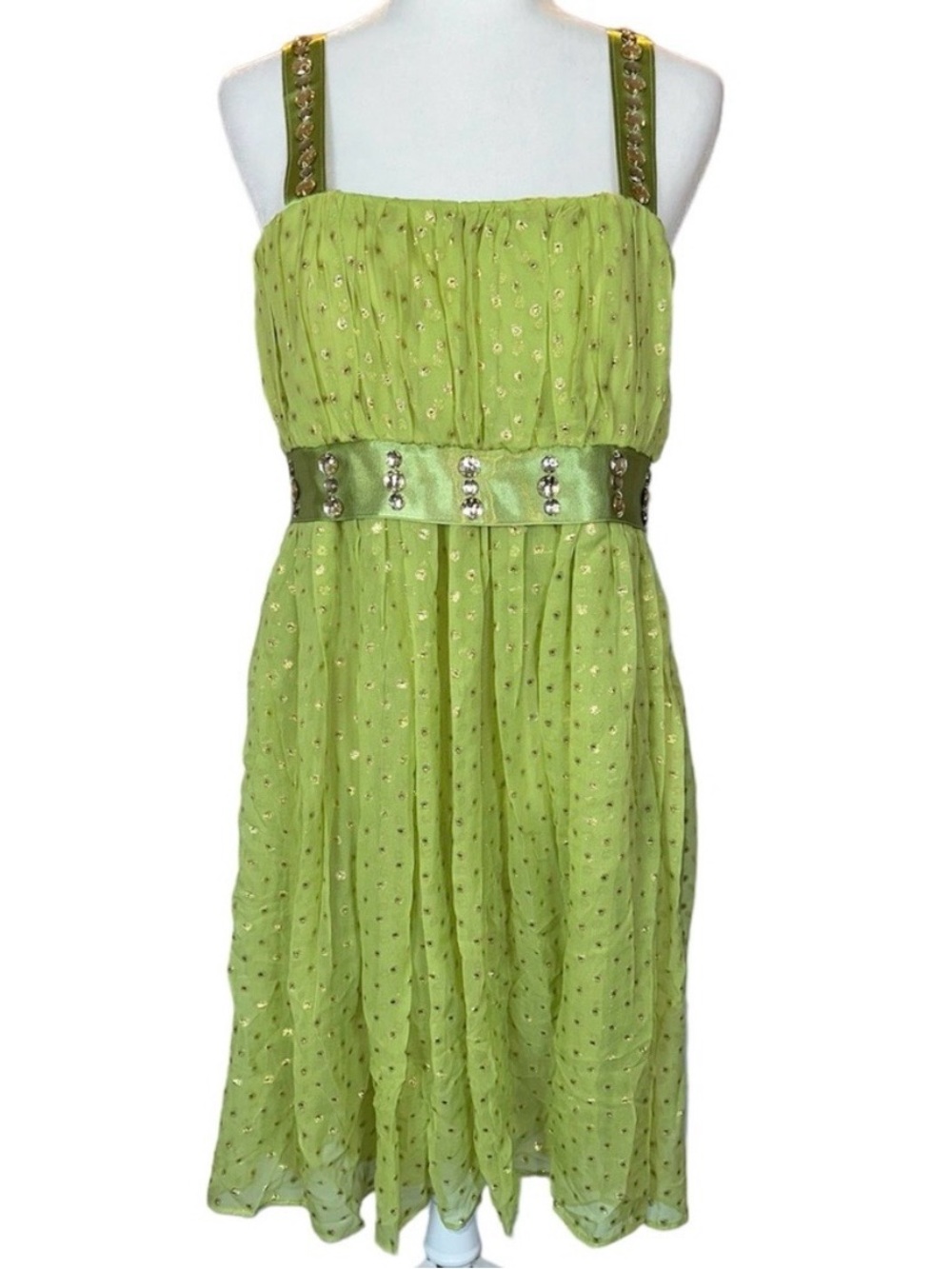VTG Y2K Green & Gold Custom Handmade Rhinestone Dress Size Small
